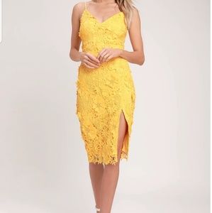 Lulu's Yellow Lace Midi Dress with Side Slit